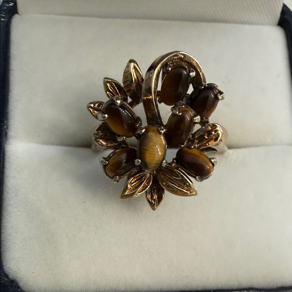 Tiger Eye STERLING Gold Tone and Floral Ring SZ 6